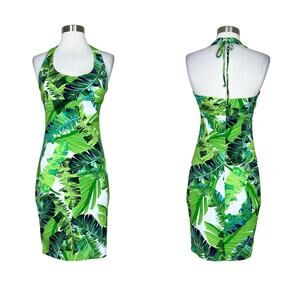 NEW Cache | Y2K Deadstock Tropical Palm Leaf Green Fitted Sexy Halter Dress XS